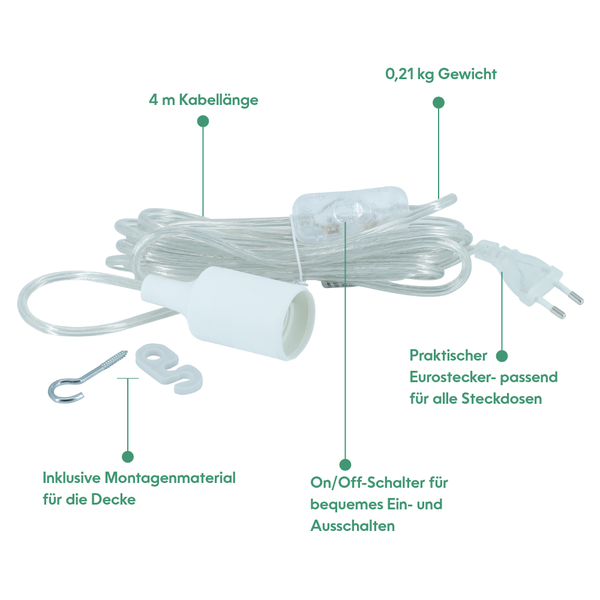 Parus by Venso E27 Lampenfassung 4m Kabel Transparent, Eurostecker, Venso Ecosolutions Lampenfassung E27 mit Kabel für E27 LED Lampe, Bulb Holder, Kabel für Lampe, Fassung E27