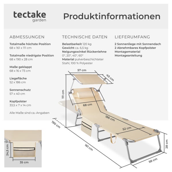 2er Set Sonnenliege tectake Chloé 190 x 68 x 28 cm, mit Seitentasche klappbar  beige