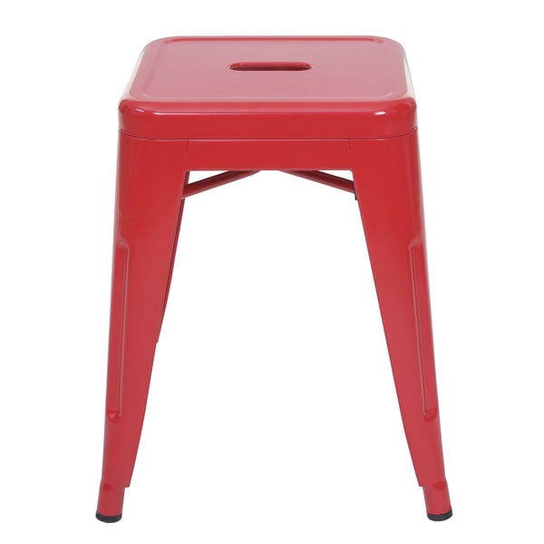 Roter Metallhocker mit quadratischer Sitzfläche und Griffloch
