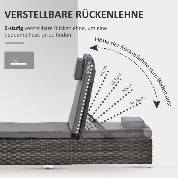 Outsunny Poly-Rattan Sonnenliege 3-tlg. Gartenliege mit 6-Fach Verstellbarer Rückenlehne Beistelltisch Nackenkissen Gartenmöbel Aluminium Grau 60 x 195 x 91 cm