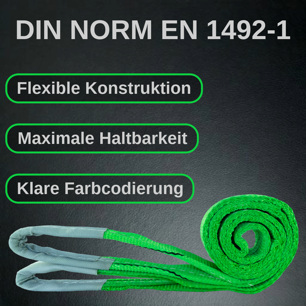 Hebeband entsprechend der Norm DIN EN 1492-1 mit flexibler Konstruktion, maximaler Haltbarkeit und klarer Farbcodierung.