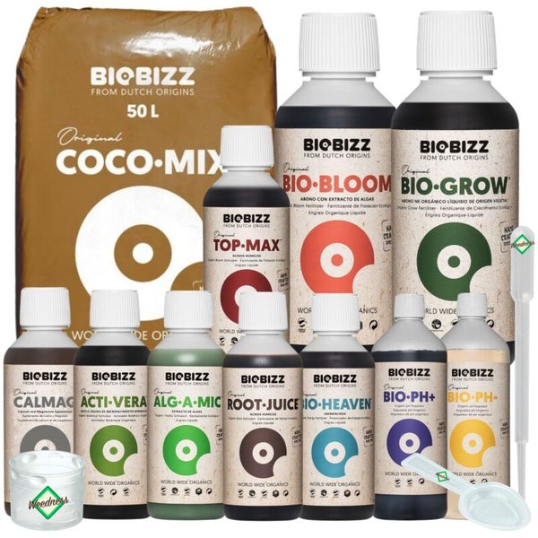 Biobizz Pflanzendünger-Set inklusive 50 Liter Coco-Mix Substrat sowie verschiedenen Flüssigdüngern und Messwerkzeugen.