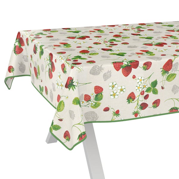 Tischdecke mit Erdbeermuster und grüner Bordüre