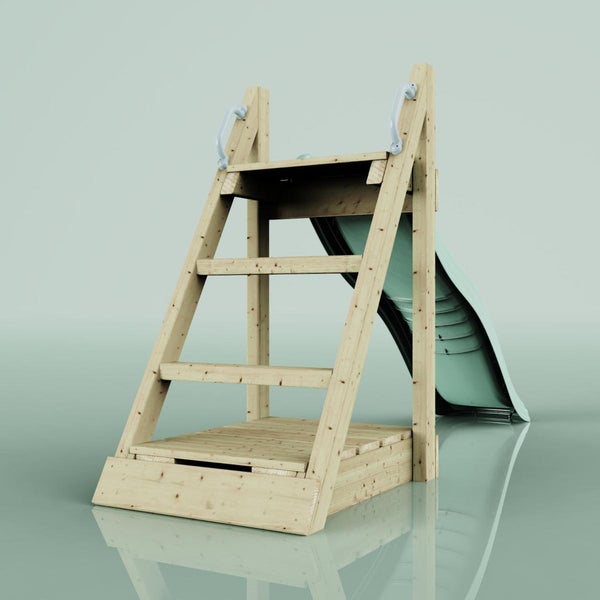 Kinderrutsche mit Holzgestell, Treppe, Sicherheitsgriffen und Kunststoffrutsche.