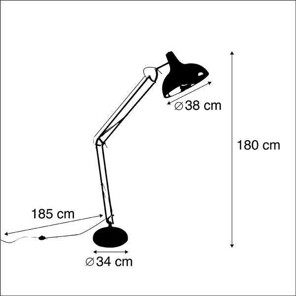 Skizze einer Stehlampe mit den Maßen 180 cm Höhe, 38 cm Durchmesser des Lampenschirms und 34 cm Durchmesser des Lampenfußes