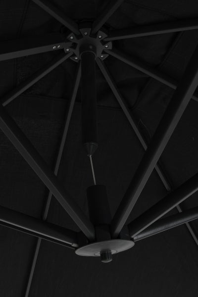Nahaufnahme der Unterseite eines schwarzen Sonnenschirms mit dem Gestell, den Streben und der Stoffbespannung.