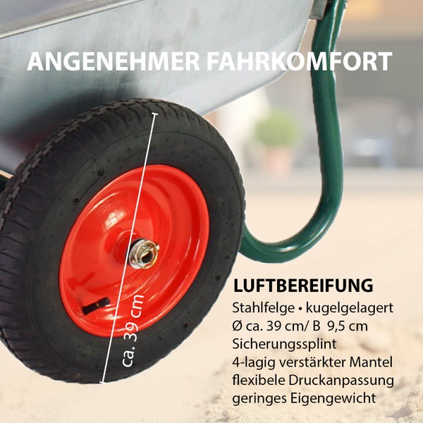 2-Rad-Schubkarre 100 Liter 160 kg Tragkraft verzinkter Stahl Luftrad auf Stahlfelge Bauschubkarre