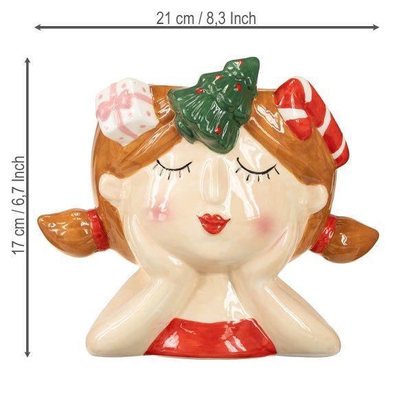 Übertopf mit Mädchengesicht und Weihnachtsdekoration, 21 x 17 cm