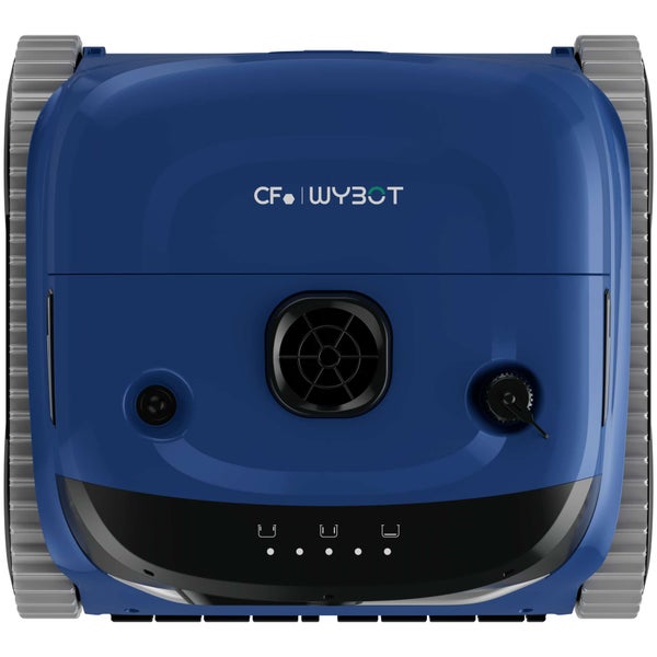 Draufsicht auf einen blauen Poolroboter von Wybot mit grauen Raupenbändern und Bedienfeld.