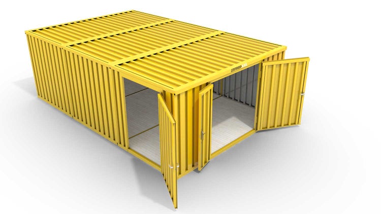 Lagercontainer Gerätehaus XL3  – 32 qm, H2150 x B5080 x T6520 mm, Außenwandlackierung RAL 1003 signalgelb, Dach außen verzinkt, mit Holzfußboden, 1830 mm Doppelflügeltür mittig in Stirnseite und 1270 mm Einflügeltür mittig in Modul C, montiert