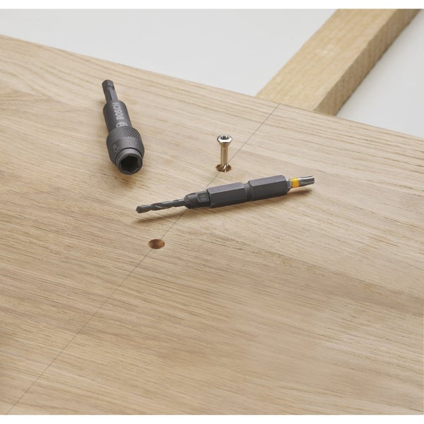 Bosch Logo, Bit-Halter, Schraube, Holzbrett mit Bohrloch