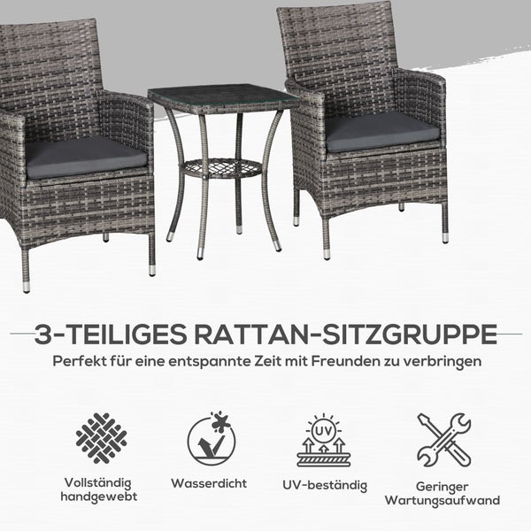 Outsunny 3-tlg. Gartenmöbel-Set, B60 x T58,5 x H89,5 cm, Metall, PE-Rattan, Polyester, Schaumstoff, grau