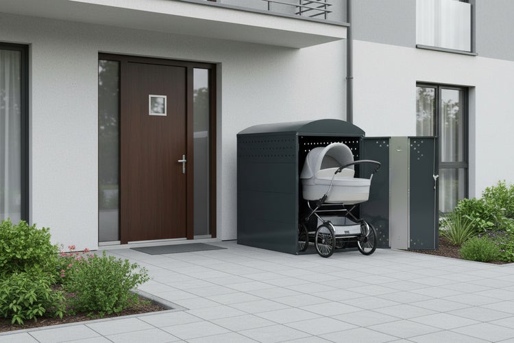 Kinderwagen in einer Fahrradgarage vor einem Wohnhaus.