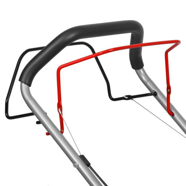 Rasenmähergriff mit schwarzer Polsterung, silbernem Holm, rotem und schwarzem Bügel und Seilzug.