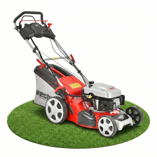 Benzin-Rasenmäher von Hecht mit Fangkorb und Radantrieb auf einer runden Rasenfläche.