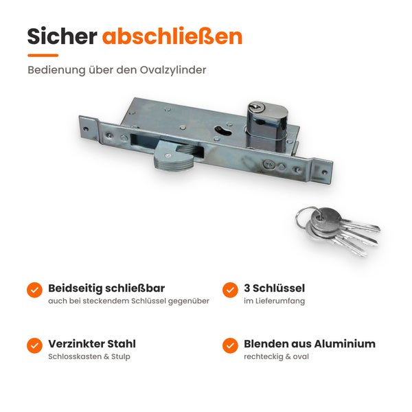 Einsteckschloss mit Ovalzylinder aus verzinktem Stahl inklusive drei Schlüsseln und Aluminiumblenden für beidseitig schließbare Türen.