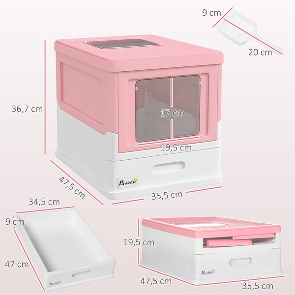PawHut Katzentoilette Katzenklo mit Deckel Katzenhaus mit Bodenschale und Schaufel Desodorierungsbox Kunststoff Weiß+Rosa 47,5 x 35,5 x 36,7 cm