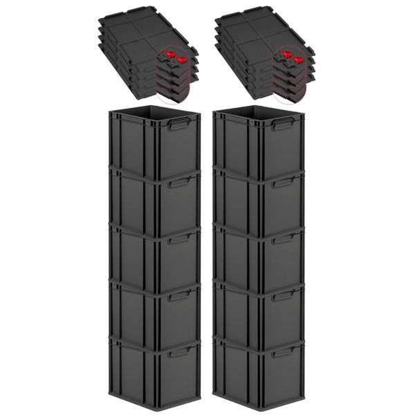 PROREGAL SuperSparSet 10x Eurobox NextGen Grip mit Scharnierdeckel und roten Schiebeschnappverschlüssen, HxBxT 32x30x40cm, 30 Liter, Schwarz, Griffe geschlossen, Eurobehälter, Transportbox, Transportbehälter, Stapelbehälter