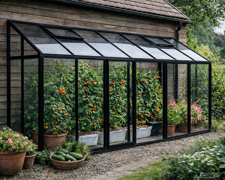Anlehn-Gewächshaus aus schwarzem Aluminium und Glas an einer Holzwand mit Tomatenpflanzen und Dachfenstern.