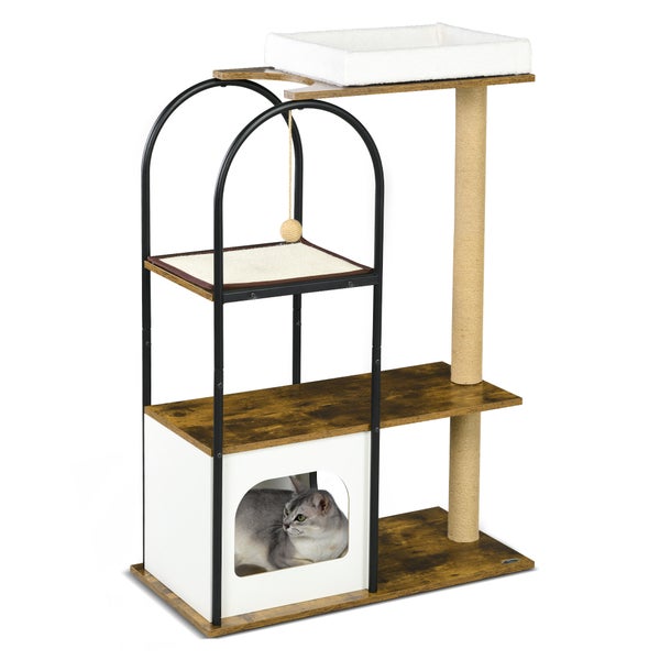 PawHut Kratzbaum 118,5 cm Katzenkratzbaum mit Kratzmatte, Katzenhöhle, Katzenbaum mit Bett, Kippschutz, Spielball, für Katzen bis 5 kg, Rustikal-Braun