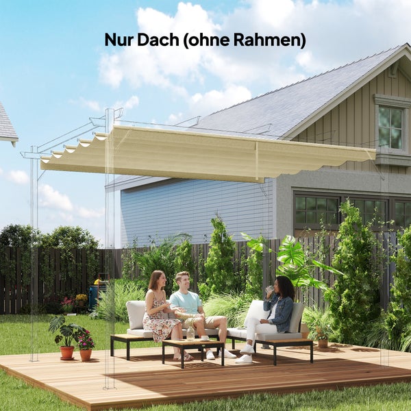 Beige Ersatzdach für eine Pergola über einer Sitzgruppe im Garten, nur das Stoffdach ohne den gezeigten Rahmen.