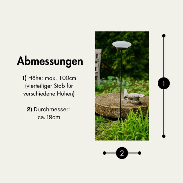 Abmessungen einer Gartenleuchte: Höhe maximal 100 Zentimeter, Durchmesser circa 19 Zentimeter