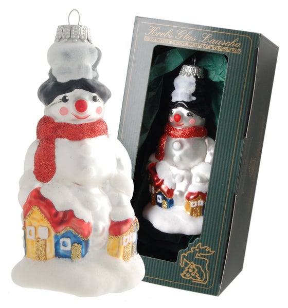 Weiß/Rot 12cm Schneemann mit rotem Schal, Glasornament, mundgeblasen, handbemalt, 1 Stck., Weihnachtsbaumkugeln, Christbaumschmuck, Weihnachtsbaumanhänger