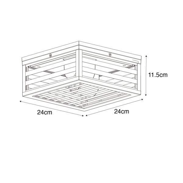 Maßzeichnung einer quadratischen Deckenlampe mit Holzgitter, Breite 24 Zentimeter, Tiefe 24 Zentimeter, Höhe 11,5 Zentimeter.