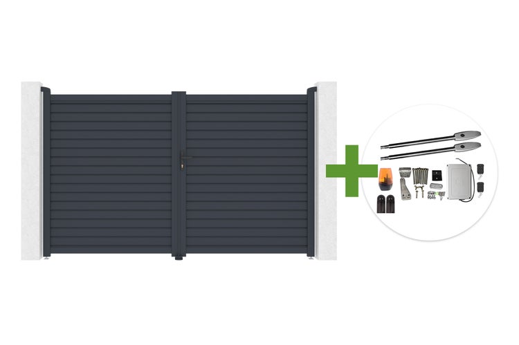 Aluminium-Doppelflügeltor mit elektrischem Torantrieb inklusive Handsender und Montagezubehör.