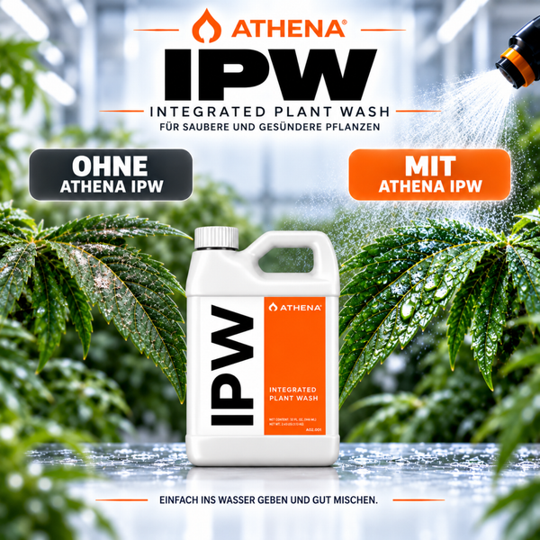 Athena Integrated Plant Wash Flasche zur Reinigung von Pflanzen vor einem Hintergrund mit Pflanzenvergleichsbildern.