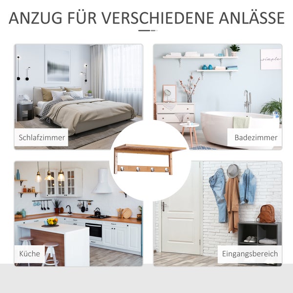 HOMCOM Wandgarderobe Garderobe mit 4 Haken Ablage, Wandmontage platzsparend Garderobenpaneel 5 kg belastbar, für die Wand Flur Schlafzimmer 50 x 16 x 17,5 cm Naturholz