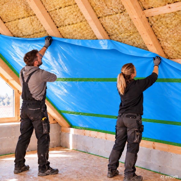 Zwei Handwerker bei der Montage einer Dampfbremsfolie zur Dachdämmung zwischen den Dachbalken im Dachgeschoss.