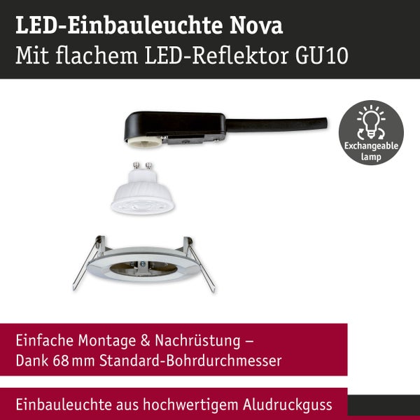 LED-Einbauleuchte Nova mit austauschbarem GU10 Reflektor, 68 Millimeter Standard-Bohrdurchmesser, aus Aludruckguss.