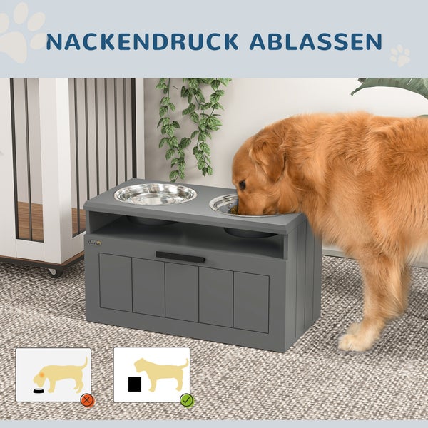 PawHut Hundenäpfe, Erhöhte Futterstation mit 2 Edelstahlschüsseln, Anti-Schling-Matte, Hundenapfständer mit 25L Stauraum, Fressnapf, Wassernapf für große und extra große Hunde, Grau
