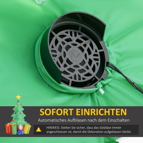 Gebläse einer aufblasbaren Weihnachtsdekoration mit schwarzem Schutzgitter für automatisches Aufblasen nach dem Einschalten.