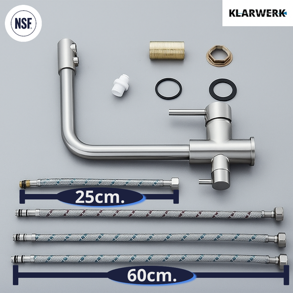 Klarwerk Küchenarmatur mit L-Auslauf, Einhebelmischer, vier Anschlussschläuchen in 25 und 60 Zentimeter Länge, Montagesatz und NSF-Zertifizierung.
