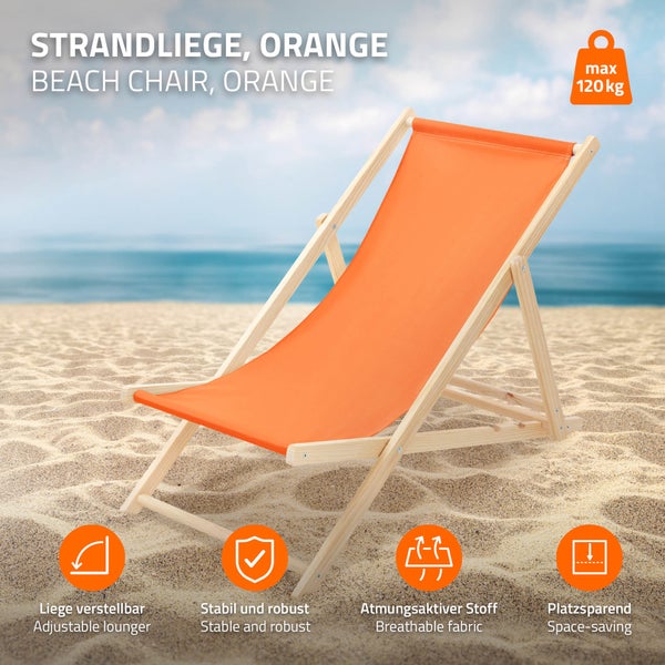 Verstellbare Strandliege aus Holz mit orangefarbenem Stoffbezug, belastbar bis 120 Kilogramm, klappbar, stabil und atmungsaktiv.