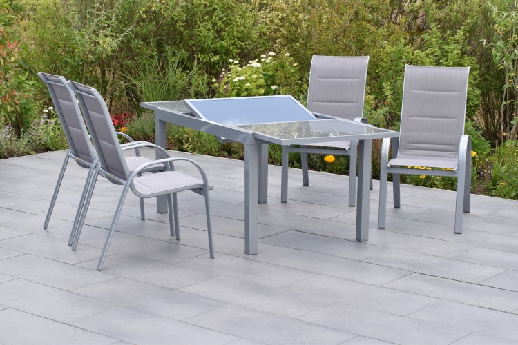 Amalfi di Lusso Set 5tlg., 4 Stapelsessel, Ausziehtisch 160 (220) x 90 cm, silber/diamantbraun