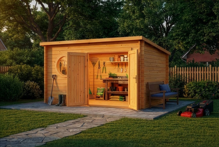Gartenhaus aus Holz mit Pultdach, Doppeltür und rundem Fenster, im Garten auf Steinterrasse platziert, Innenraum mit Werkbank und Gartengeräten.