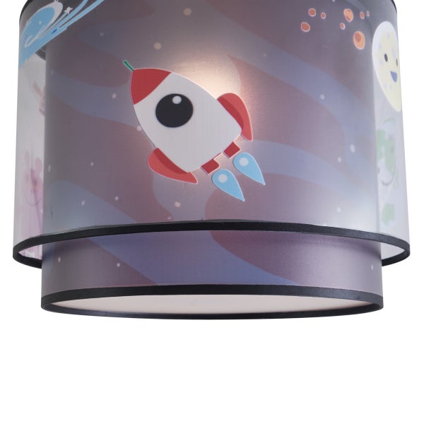 Zweistufiger Kinderlampenschirm mit Weltraum-Motiv, Rakete und Sternen.