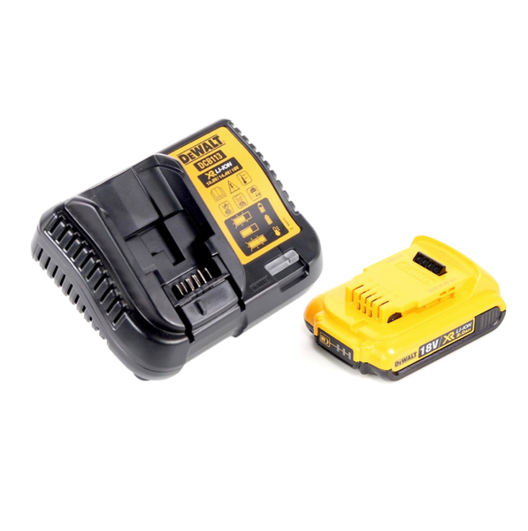 Gelb-schwarzes DeWalt Akku-Ladegerät DCB113 und 18 Volt XR Lithium-Ionen Akku 2,0 Amperestunden.