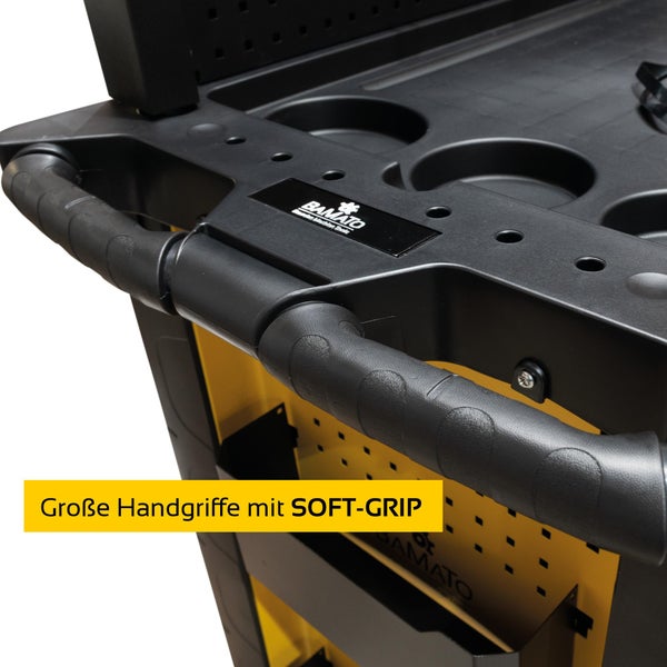 Ergonomischer Handgriff mit Soft-Grip an einem Werkstattwagen mit Bamato Logo und integrierten Ablagefächern.
