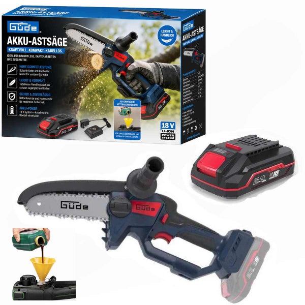 Güde Akku-Astsäge mit 18 Volt Lithium-Ionen-Akku, Ladegerät und Originalverpackung. Kompakte Einhand-Kettensäge für die Gartenpflege.