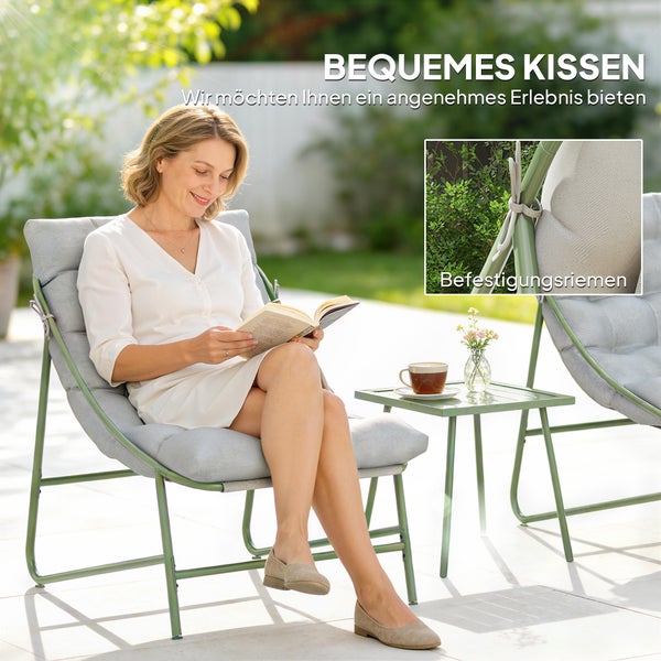 Produktdetails für Gartenmöbel: massiver Stahlrahmen, rostbeständige Pulverbeschichtung, verstellbare Fußpolster und atmungsaktives Gewebe.