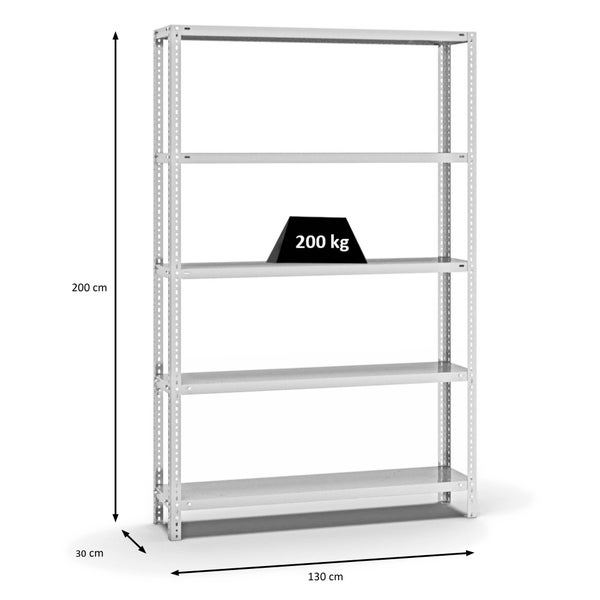 PROREGAL Fachbodenregal Schraubsystem Medium-Duty Grundregal HxBxT 200 x 130 x 30 cm 5 Ebenen Fachlast 200 kg Beidseitig Nutzbar Lichtgrau