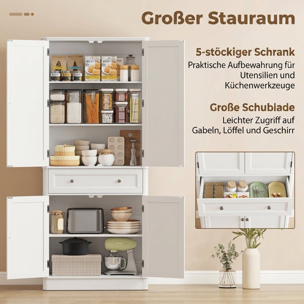 Fünfstufiger weißer Küchenschrank mit viel Stauraum, großer Schublade und vier offenen Türen, gefüllt mit Lebensmitteln und Küchenutensilien.