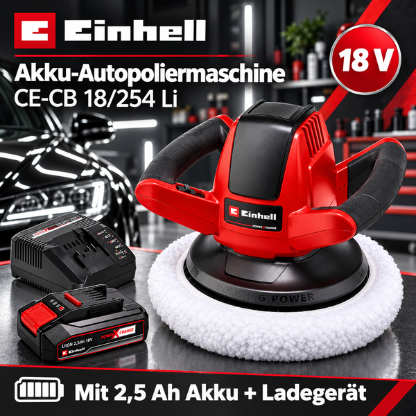 Einhell Akku Autopoliermaschine CE CB 18 254 Li mit 2,5 Amperestunden Akku und Ladegerät