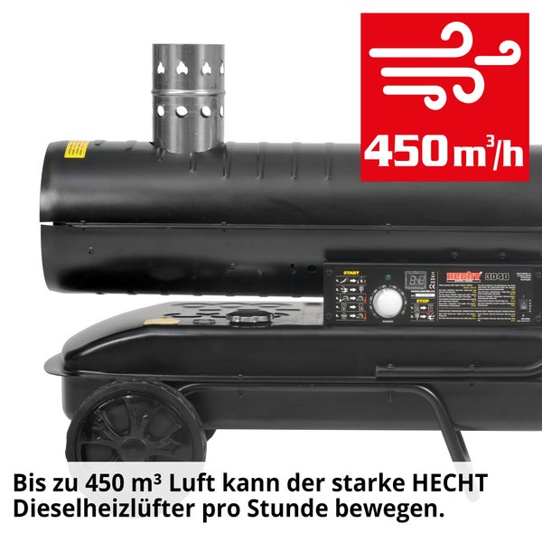 Schwarzer Dieselheizer Hecht 3040 mit Abgasrohr und Bedienfeld