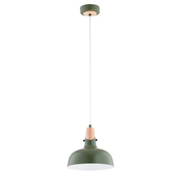 Moderne Pendelleuchte mit Metallschirm und Holzakzenten für eine stilvolle Innenbeleuchtung.