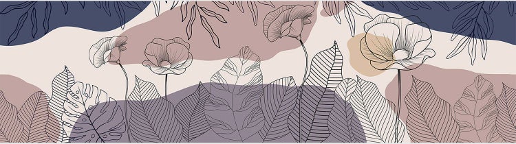 Wandbordüre mit Blumen und Blättern im Line-Art-Design über abstrakten Formen zur modernen Wandgestaltung.